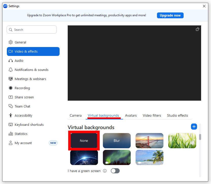 Screenshot of Virtual Backgrounds selection